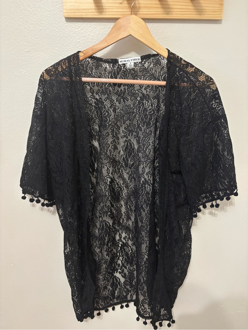 Moral Fiber Black Floral Lace Cover-Up with Pom Pom Edge